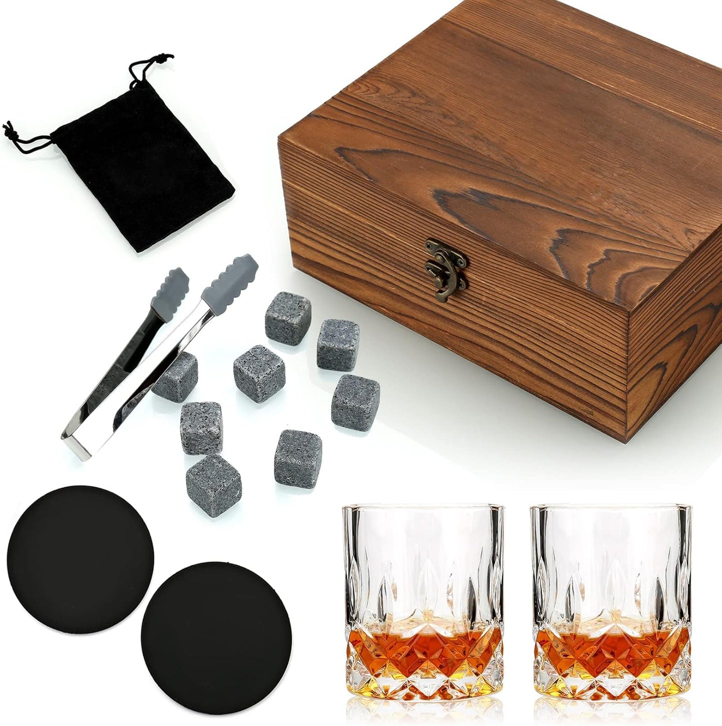 Aurevion — Set Bicchieri Da Whisky in Cristallo Con Pietre Refrigeranti, Cofanetto in Legno