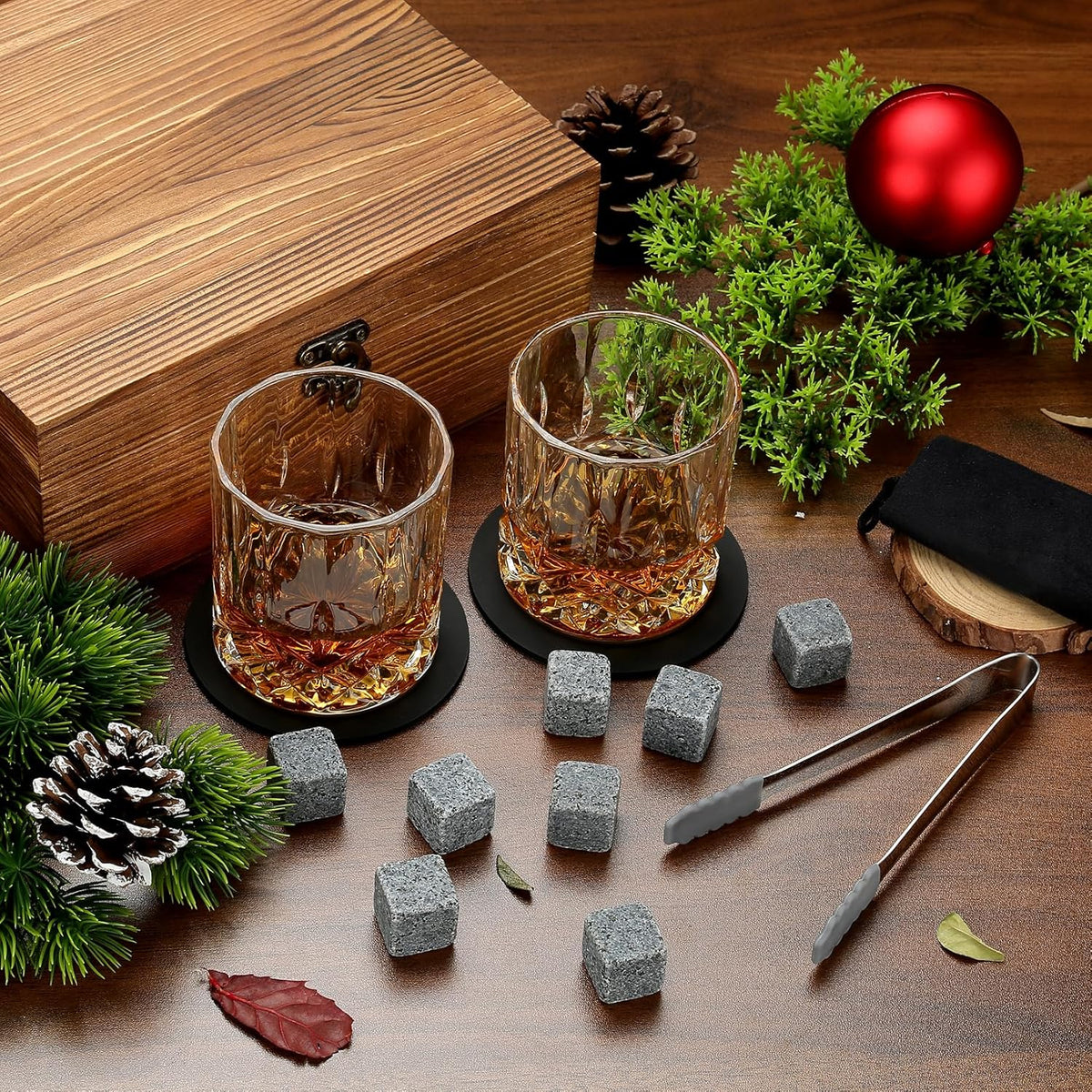 Aurevion — Set Bicchieri Da Whisky in Cristallo Con Pietre Refrigeranti, Cofanetto in Legno