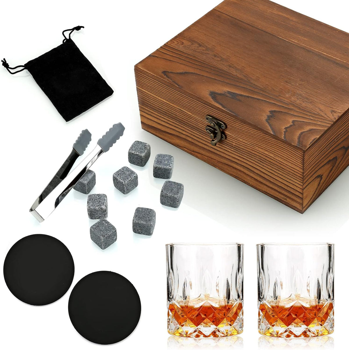 Aurevion — Set Bicchieri Da Whisky in Cristallo Con Pietre Refrigeranti, Cofanetto in Legno