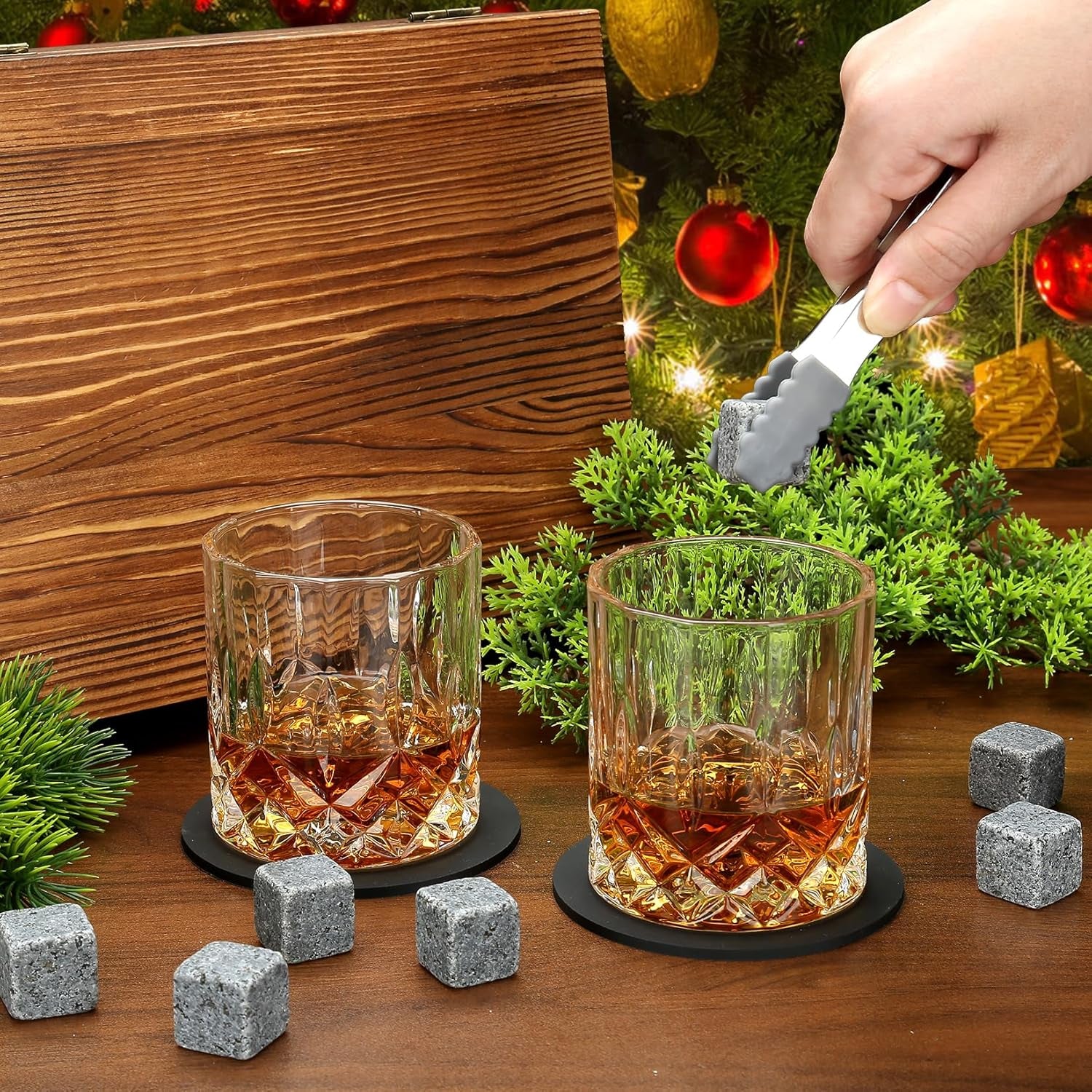 Aurevion — Set Bicchieri Da Whisky in Cristallo Con Pietre Refrigeranti, Cofanetto in Legno