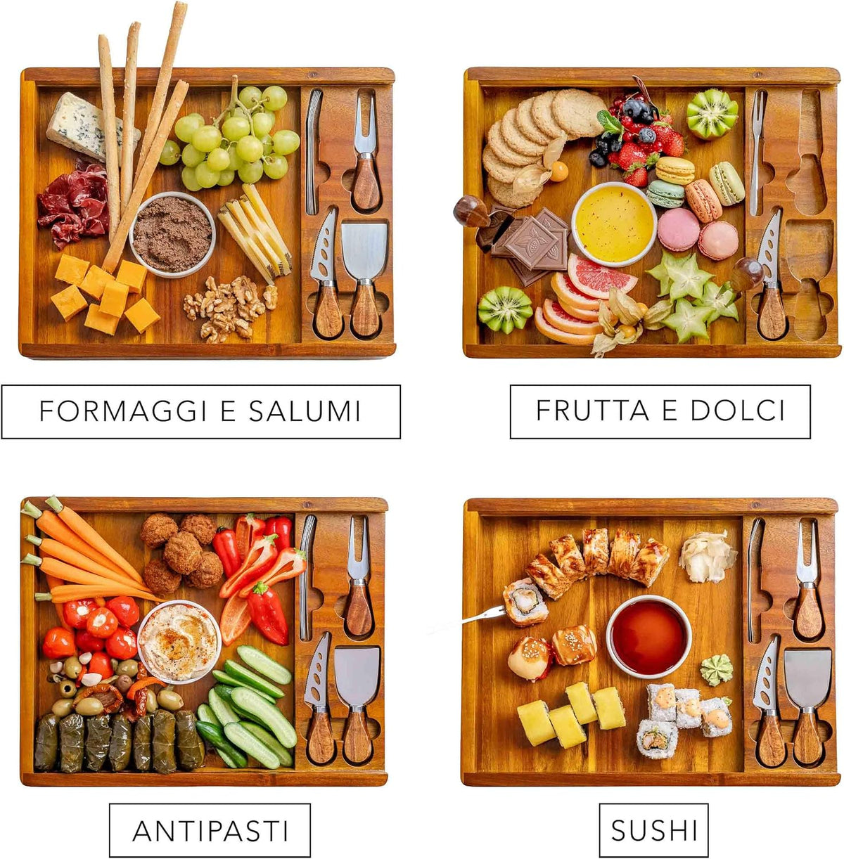 Aurevion Board — Tagliere Da Aperitivo in Legno Di Acacia Con Set Coltelli