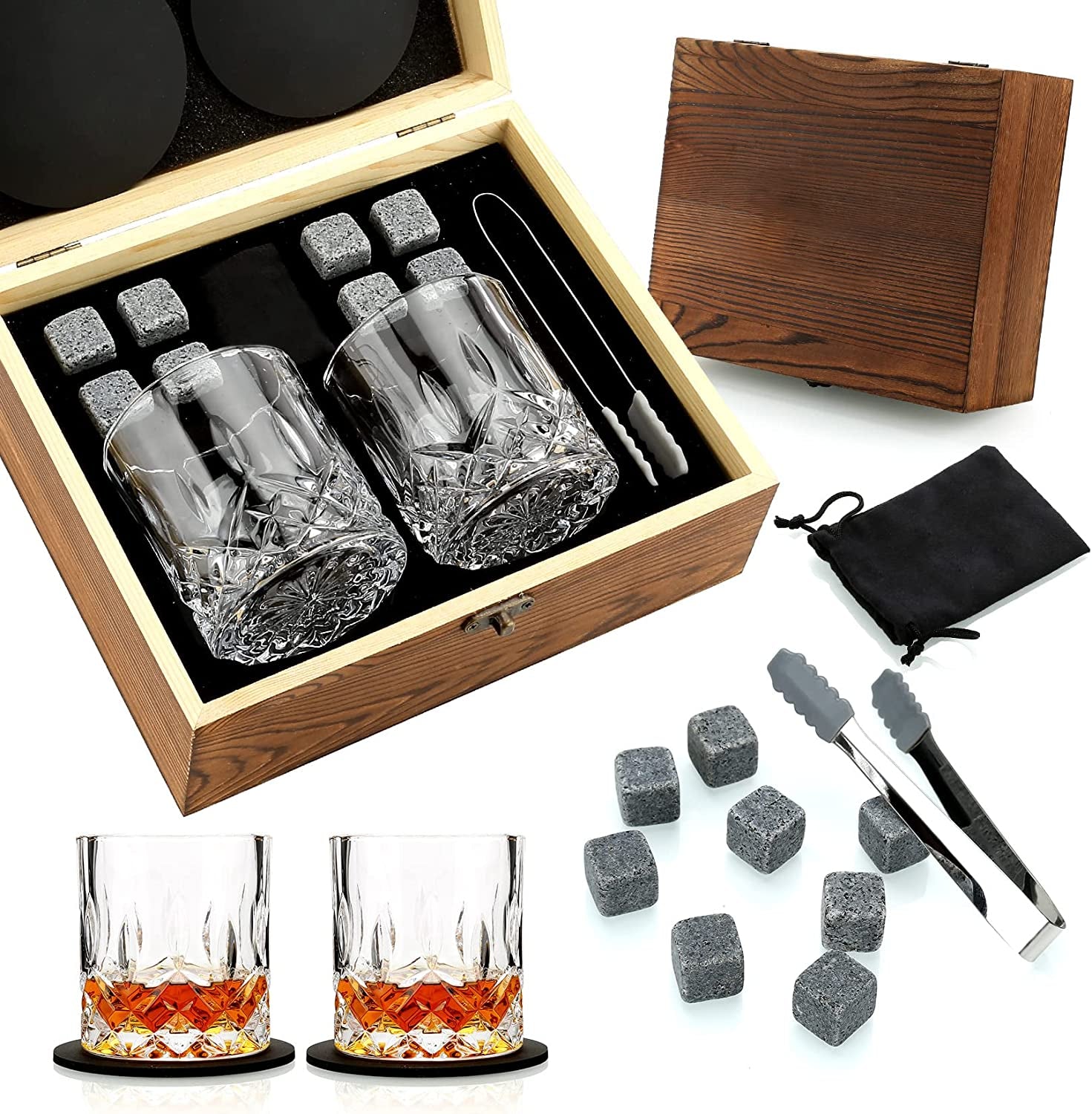 Aurevion — Set Bicchieri Da Whisky in Cristallo Con Pietre Refrigeranti, Cofanetto in Legno