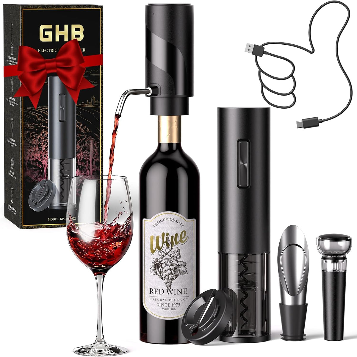 Aurevion — Kit Cavatappi Elettrico 7 in 1 Con Aeratore, Tappo Sottovuoto E Versatore, Regalo per Amanti Del Vino