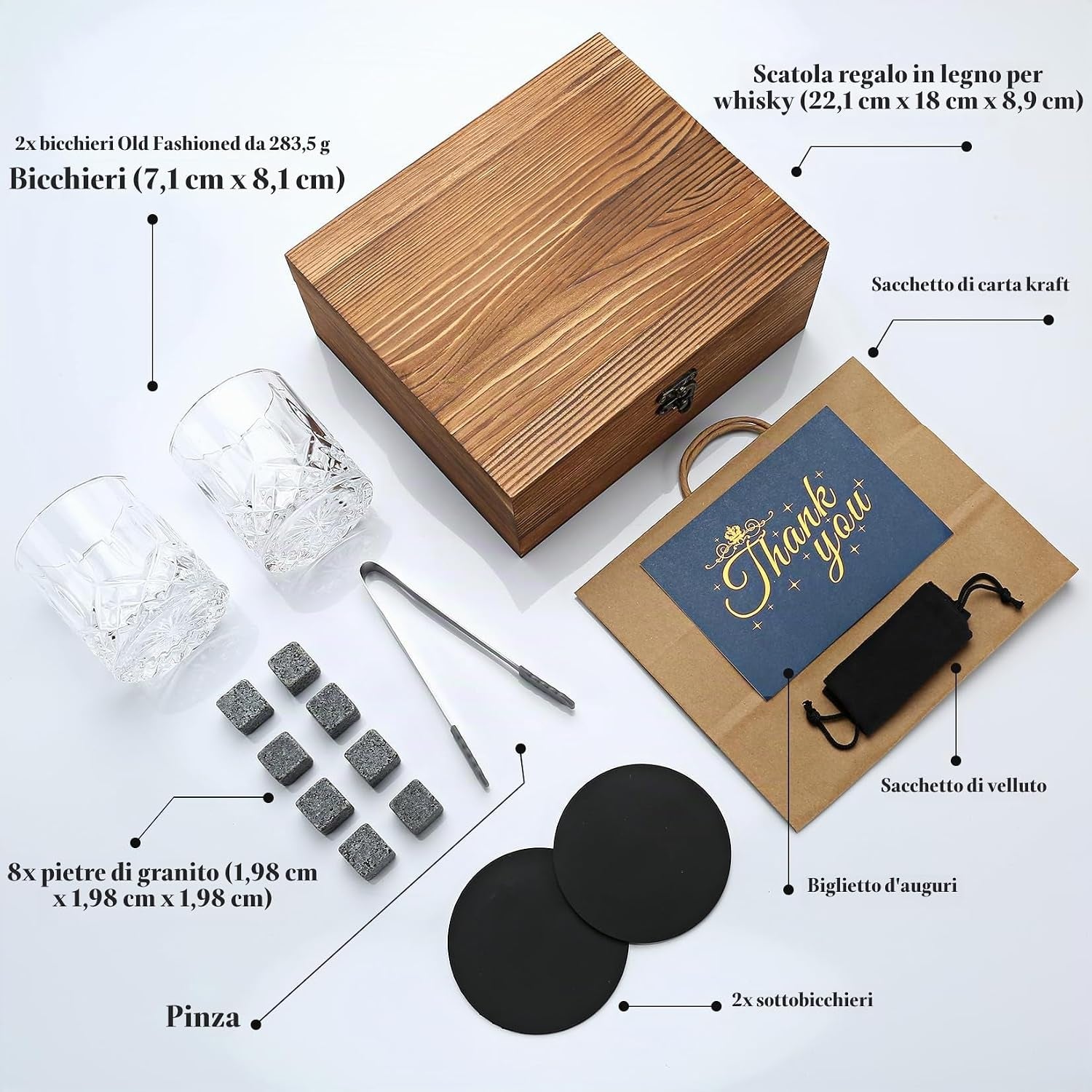 Aurevion — Set Bicchieri Da Whisky in Cristallo Con Pietre Refrigeranti, Cofanetto in Legno
