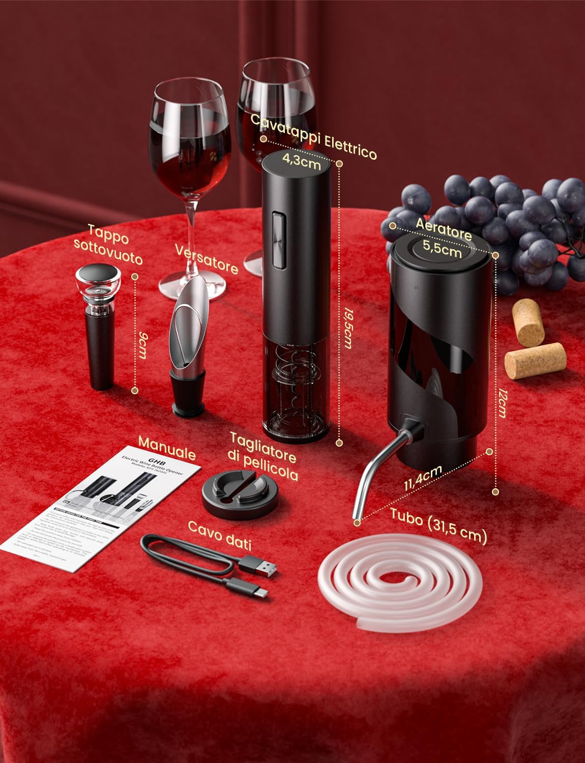 Aurevion — Kit Cavatappi Elettrico 7 in 1 Con Aeratore, Tappo Sottovuoto E Versatore, Regalo per Amanti Del Vino